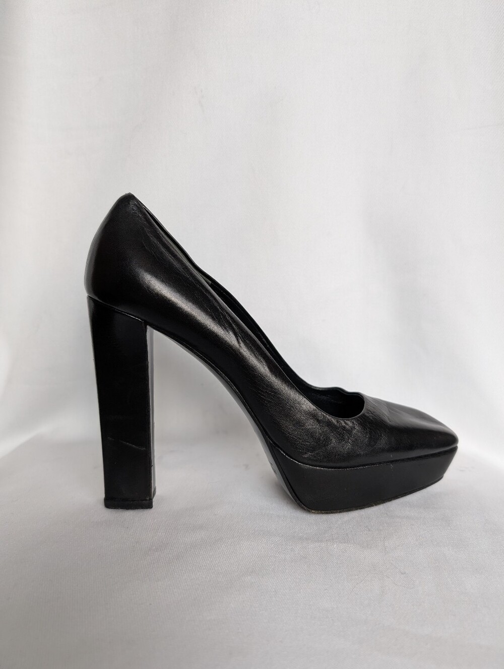 Prada Black Leather Platform Block Heel Pumps Square Toe Italy Women's EU 37.5